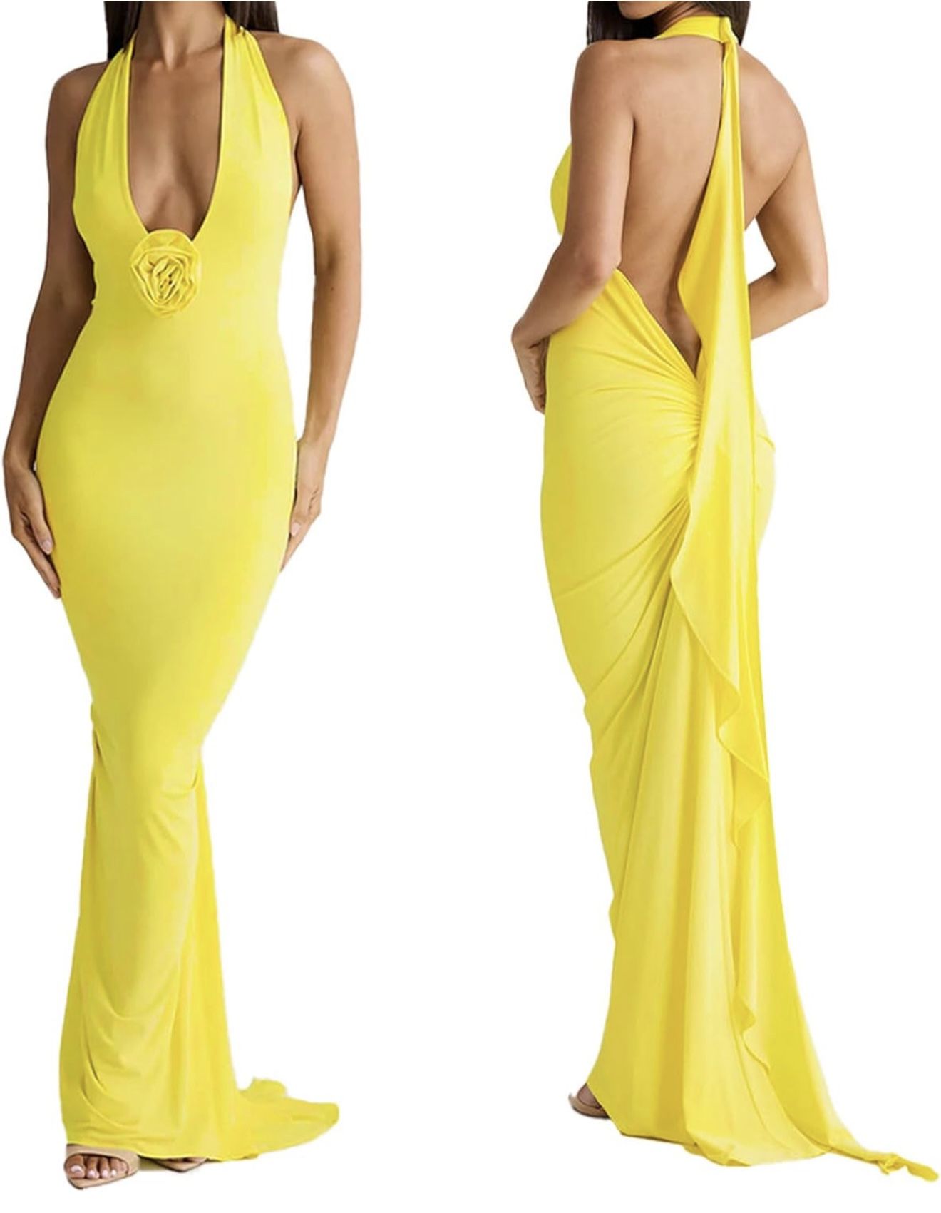 Women Sexy Backless Dress Halter Deep V Neck Detachable Flower Sleeveless Open Back Maxi Dress Cocktail Prom Formal Dresses (Bright Yellow,S)