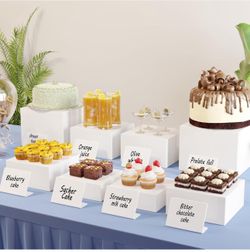 Buffet Risers with Mini Signs, Food Risers for Buffet Table, Display Stand for Catering Dessert, White Acrylic Cube Boxes Nesting Risers with Hollow B