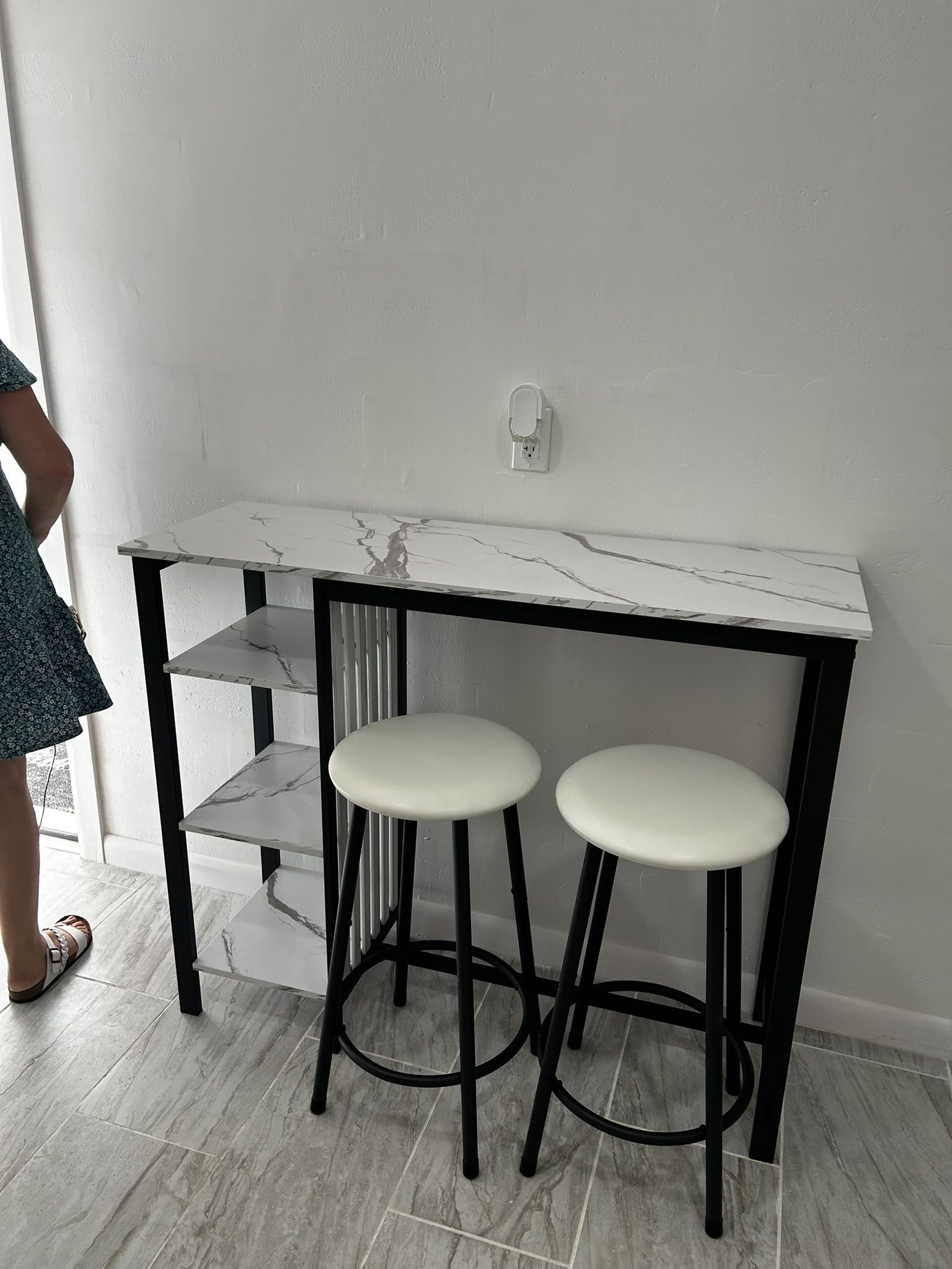Bar-height table and chairs for 2, compact 4-tier dining table, white faux marble top, and 2 seats