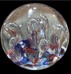 Vtg Murano Glass Paperweight Red White Blue Controlled Bubbles 
