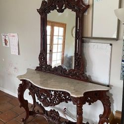 Antique Luna Carving Dressing Table With Mirror 