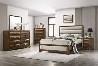 BEDROOM SET, 4 PC QUEEN BED FRAME, DRESSER, MIRROR AND NIGHTSTAND [NEW]