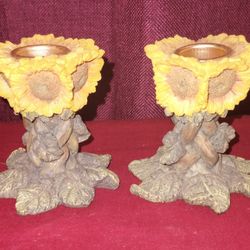 Set Of 2, Resin Sunflower Candlestick Holders