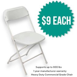 Commercial Grade 800 lbs Static Weight Capacity Brand New White Folding Chair $9 each
