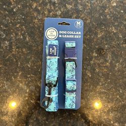 Life Is Good Dog Collar & Leash Set Size M Ocean Blue Whale Print 5 Foot Nylon