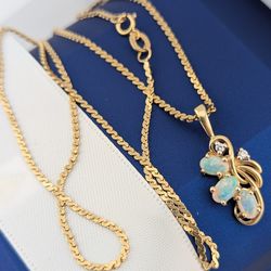 ✨14k Gold Natural Opal & Diamond 💎 Pendant Necklace 4.67g.||16.75"|💛✨