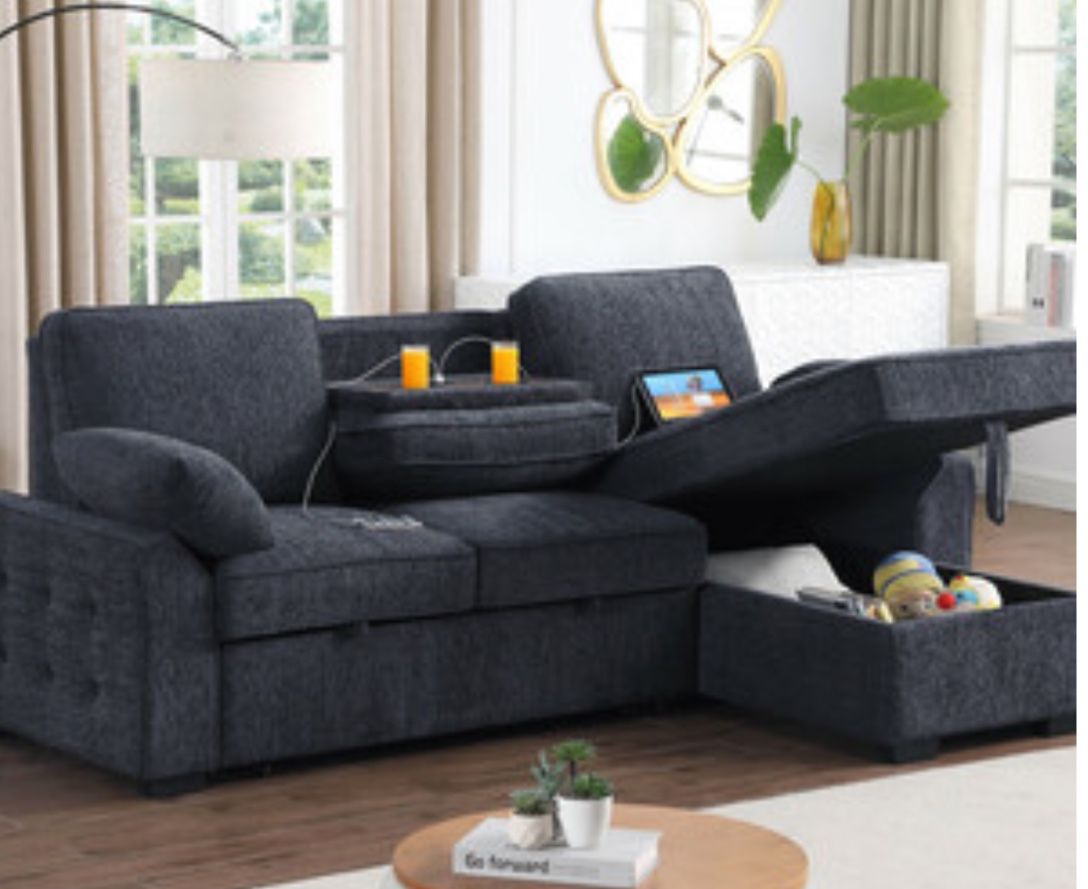 91" Chenille Sleeper Sectional with Storage Chaise, Drop-Down Table, Cup Holders and Charging Ports