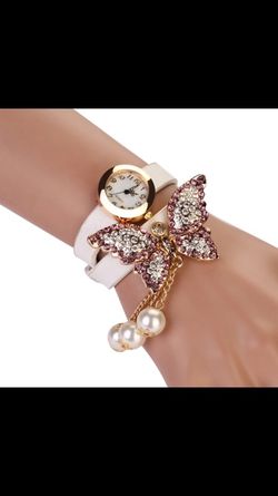 White leather butterfly Rhinestone and Pearl watch! Brand new!