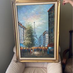 Gold Framed Eiffel Tower Canvas Painting Impressionist