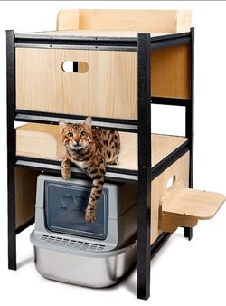 Litter Box Enclosure, Double Layers Cat Litter Box Shelves with Metal Frame Hidden Litter Box Furniture Wooden Storage Cabinet for Living Room, Bedroo