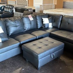 Black Leather Sectional w/ Storage Ottoman