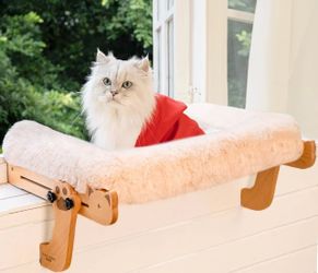 CHEERHOME PETS Cat Window Perch with Washable Bolster, Fluffy Cats Hammock Bed for Window, Adjust Wooden Seat for Kitten Bedside Windowsill, Wooden Ca