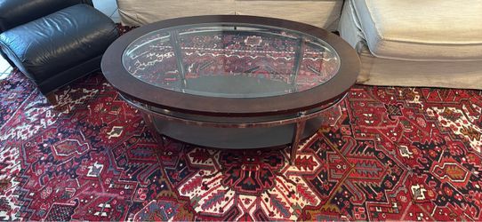 Oval Wood & Glass Coffee Table with Chrome Accents