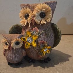 Burlap Owl Figurine with 2 Owls — Fall Decor