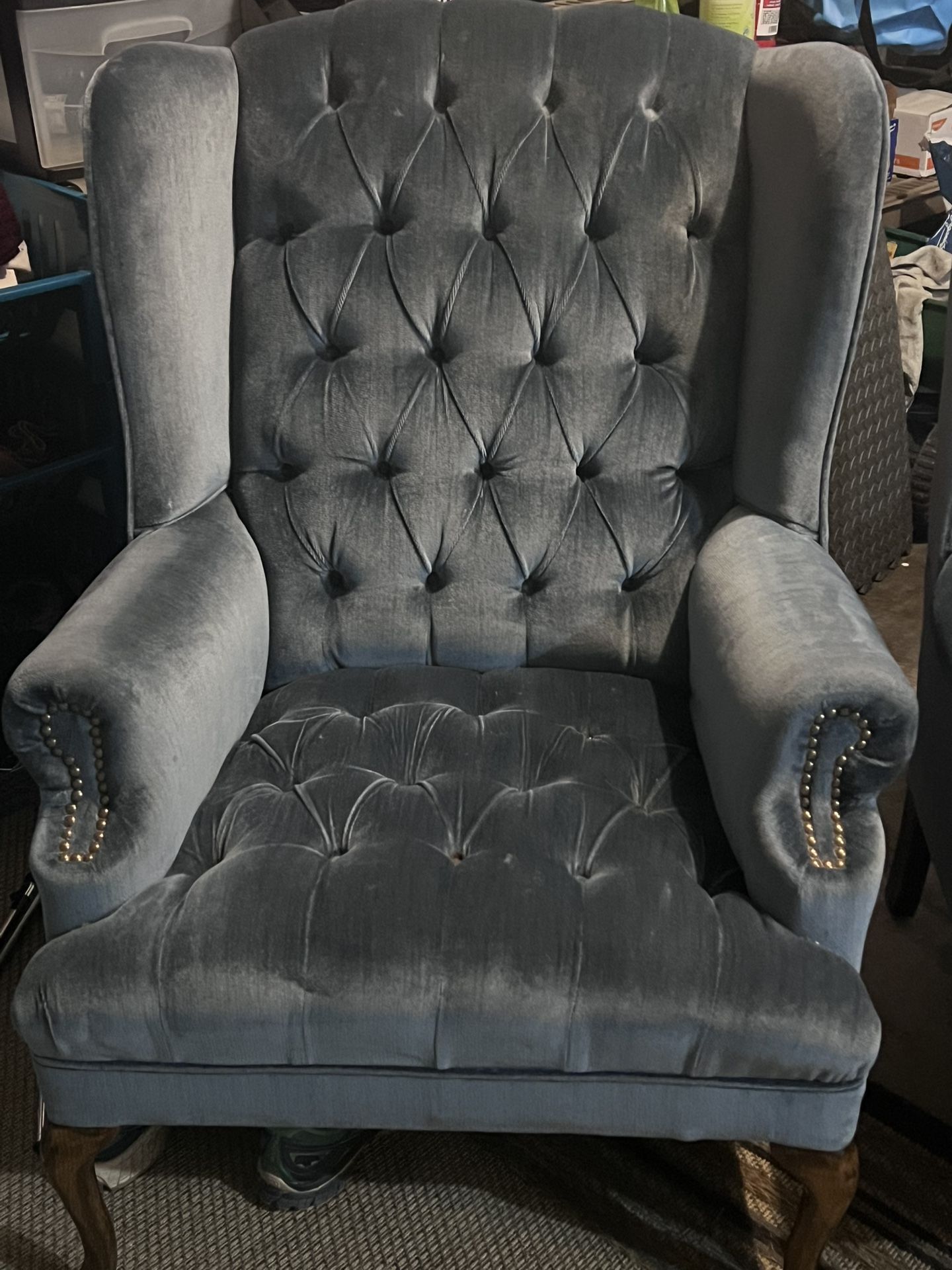 Holiday Deal: Two Beautiful Vintage Wingback Blue Velvet Chairs. 