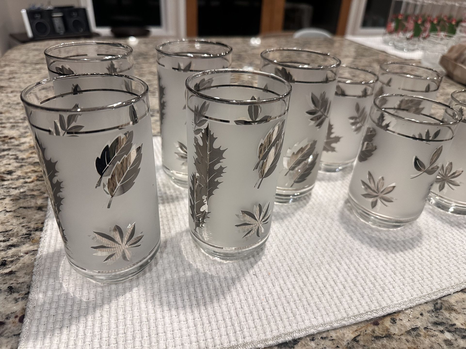 Vintage MCM Set of 9, Libbey Silver Foliage Iced Tea Glasses 5 tall and 4 short