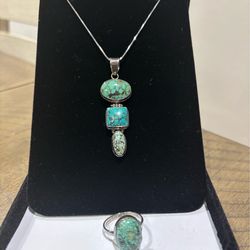 Turquoise Triple-Stone Pendant Necklace & Ring Set- Silver