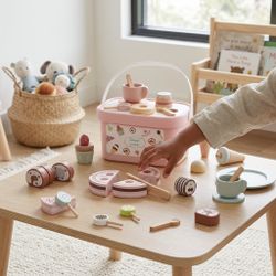 Wooden Tea Party & Dessert Play Set for Kids with Storage Basket