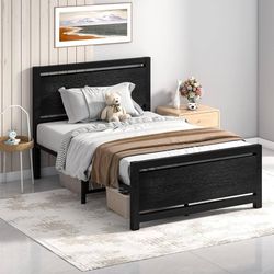 Twin Bed Frames with Headboard, Metal Twin Size Bed Frame with Strong Steel Slat Support, Heavy Duty Platform Bed, Under Bed Storage, Noise-