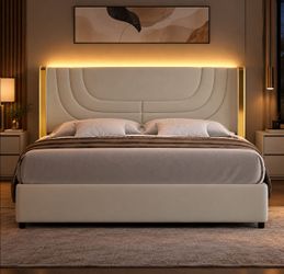 Queen Size Bed Frame with LED Lights and Gold Wingback Headboard,Cream
Faux Leather Upholstered Platform Headboard, Modern Style, No Box Spring Needed