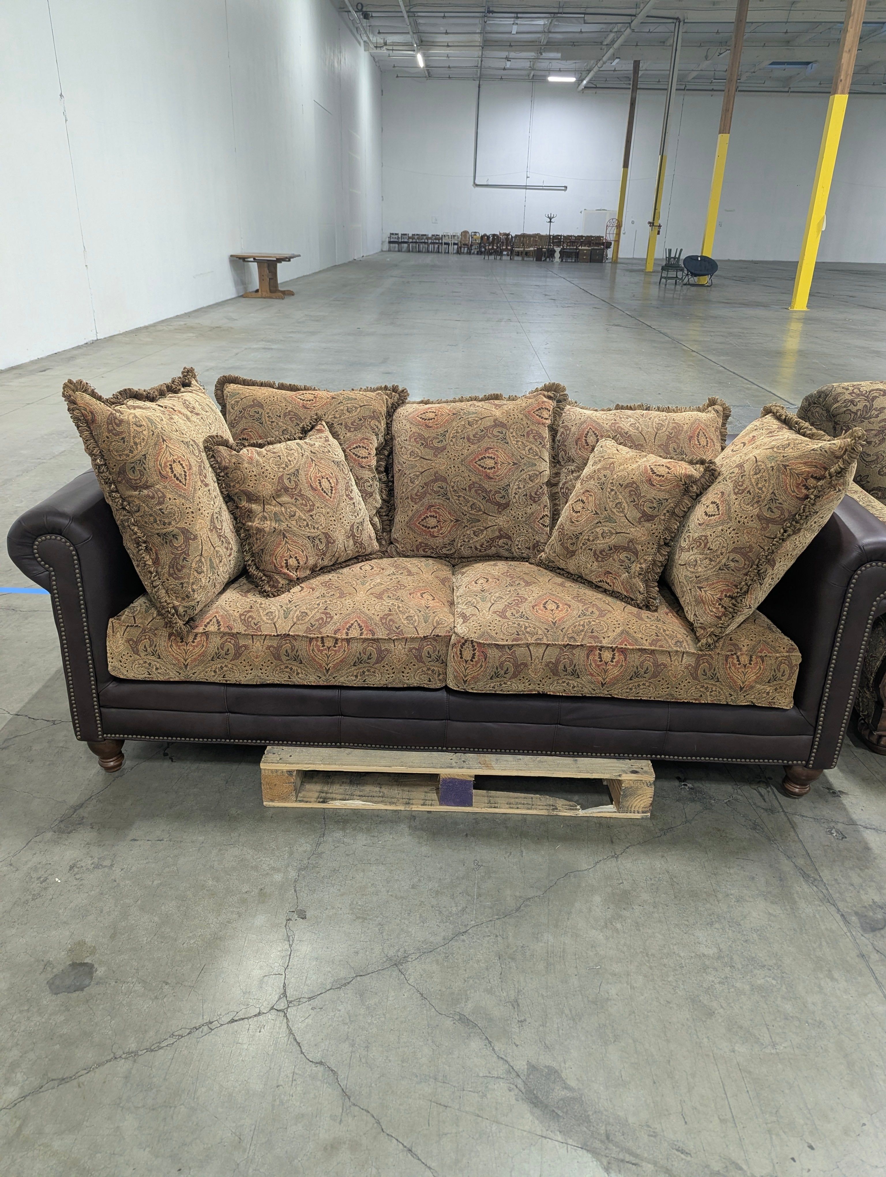 Traditional Dark Brown Leather Paisley Loveseat Sofa