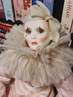 Vintage Porcelain Pierrot Clown Doll Sad-Faced French Harlequin Sitting Doll