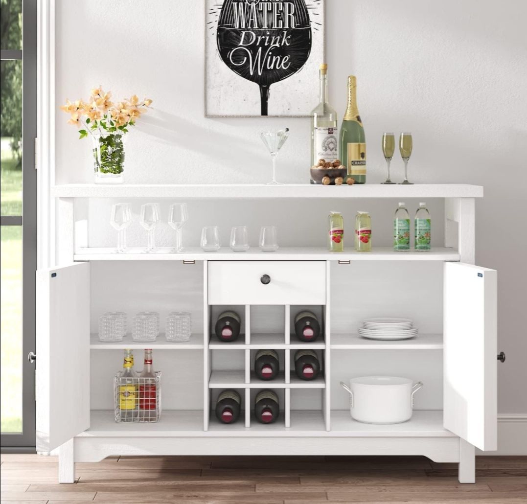 farmhouse-style white coffee bar cabinet