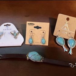 3 set Turquoise Earrings & Turquoise Leather Wristband