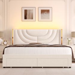 Queen Size Bed Frame Velvet Wingback Upholstered LED Light 2 Drawer Storage Bed