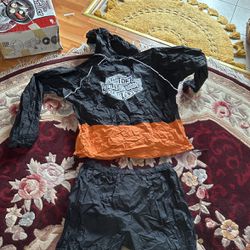Harley Davidson 2 Piece Jacket & Pants Hi- Vis Rain Suit Black & Orange Mens 