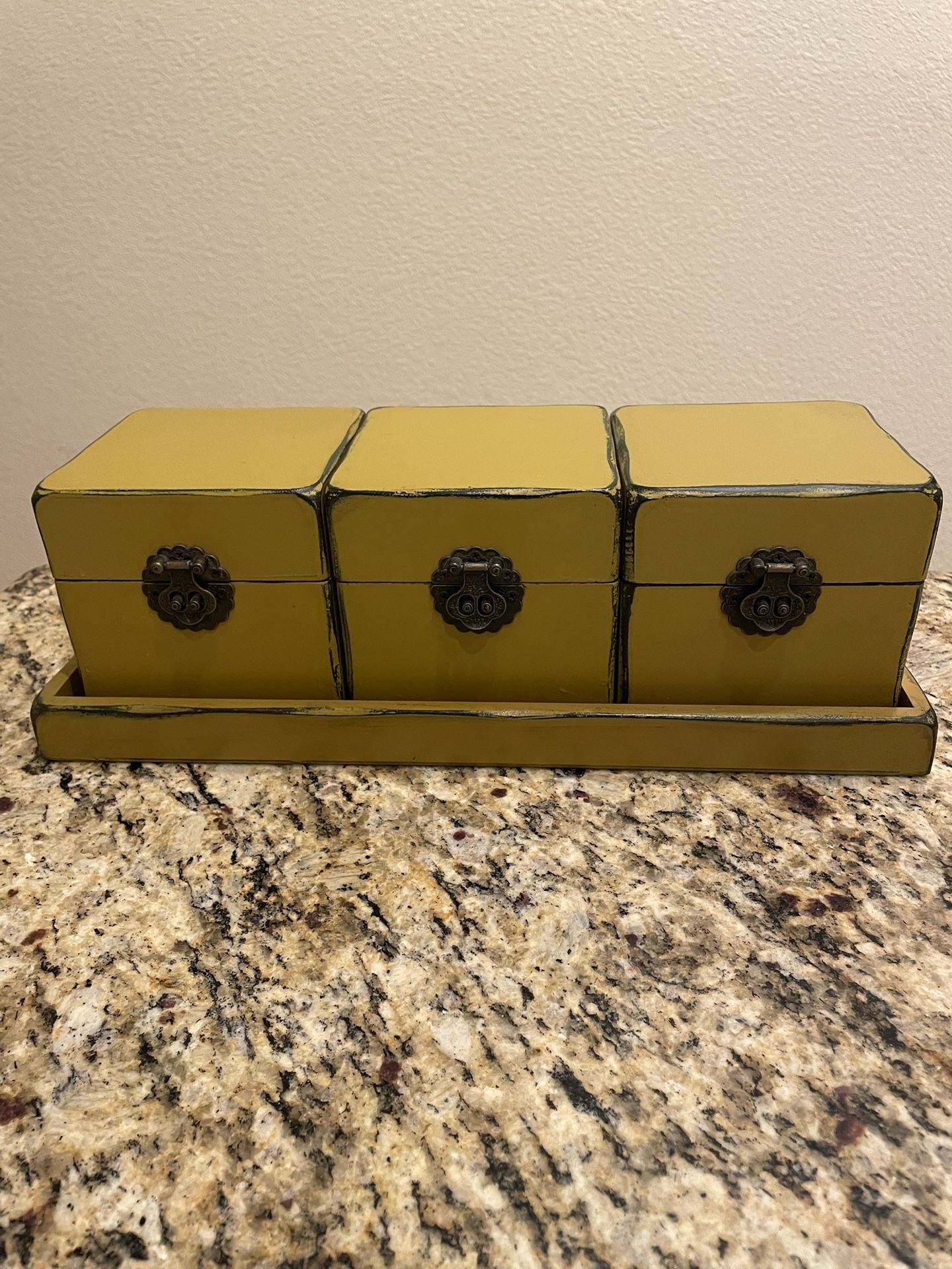 Set of 3 Attractive, Useful, Decorative Wood Boxes on Tray