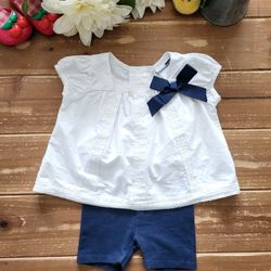 12MOS 2-PIECE OUTFIT WHITE PUFF SLEEVE TUNIC W/NAVY BIKER SHORTS