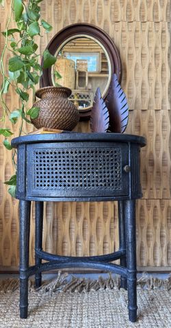 Arhaus Merle Oval Black Cane Side End Table Textured Distressed Vintage Finish Storage Traditional