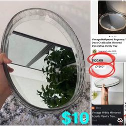 $10 Vintage Hollywood Regency Art deco oval Vanity Lucite Tray Mirror Like New