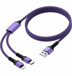 2 in 1 Fast Charging Multi USB Charger Cord with Lightning/Type C Port-4FT Nylon Braided USB to USB C &Lightning Cable for IOS/Android Devices Compati