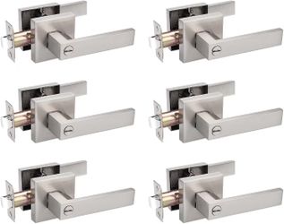 Probrico 6 Pack Square Door Lever Privacy Door Lock Handleset Keyless Lockset Door Knobs Storage Room Bathroom Set No Key in Satin Nickel