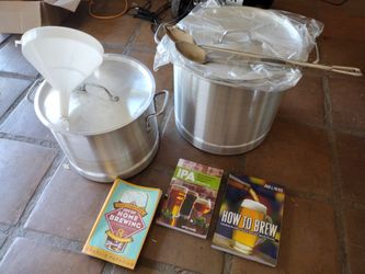Pots, funnel, books for brewing beer