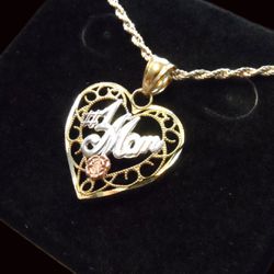 MOTHERS DAY SPECIAL NEW 10K GOLD MOM HEART PENDANT WITH CHAIN