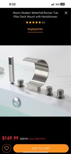 Mooni Modern Waterfall Roman Tub Filler Deck Mount With Handshower Solid Brass Sh75