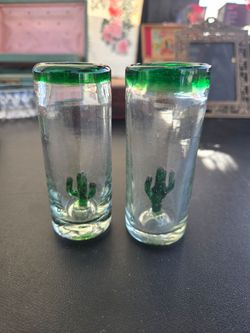 Handmade Cactus Shot Glasses with Green Rim - Set of 2