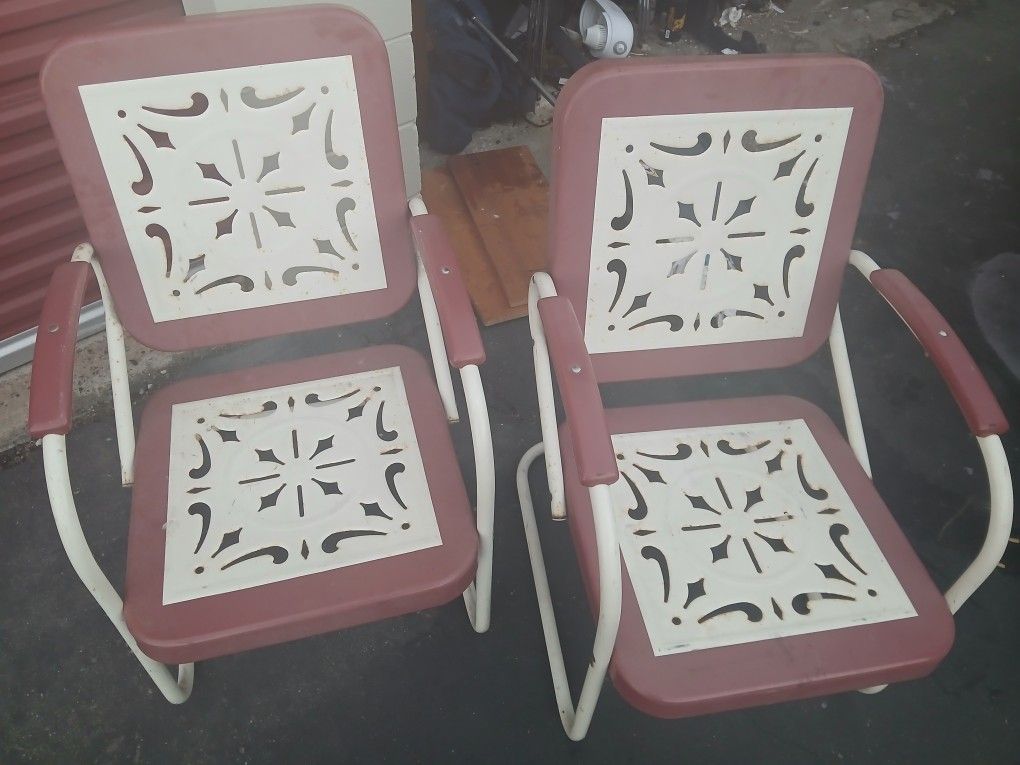 Antique Metal Lawn Chairs W/ Porcelain Finish 
