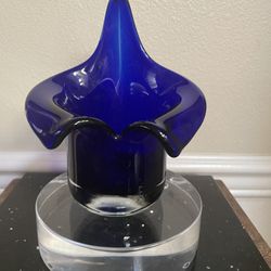 Cobalt Blue Hand Blown Wanda Vase Candle Holder made in Poland Mid Century 
