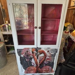 Hand-Painted Flamingo Curio Cabinet