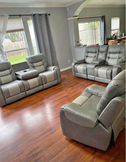 Gray Leather Reclining Sofa Set 3 Pieces