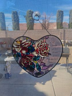 Joan Baker Designs Handpainted 4" Heart ❤️ Stained Glass Suncatcher With Red Roses & "Grandma Is Another Word For Love"