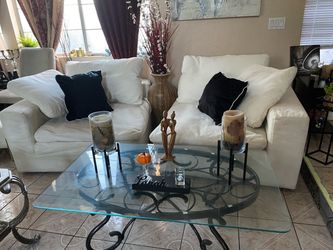 2 piece White loveseat & velvet ottoman