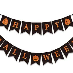 GEGEWOO Black HAPPY HALLOWEEN Banner Bunting with Pumpkin Sign Outdoor Indoor Home Decor for Mantle Fireplace Halloween Theme Party Decorations Suppli