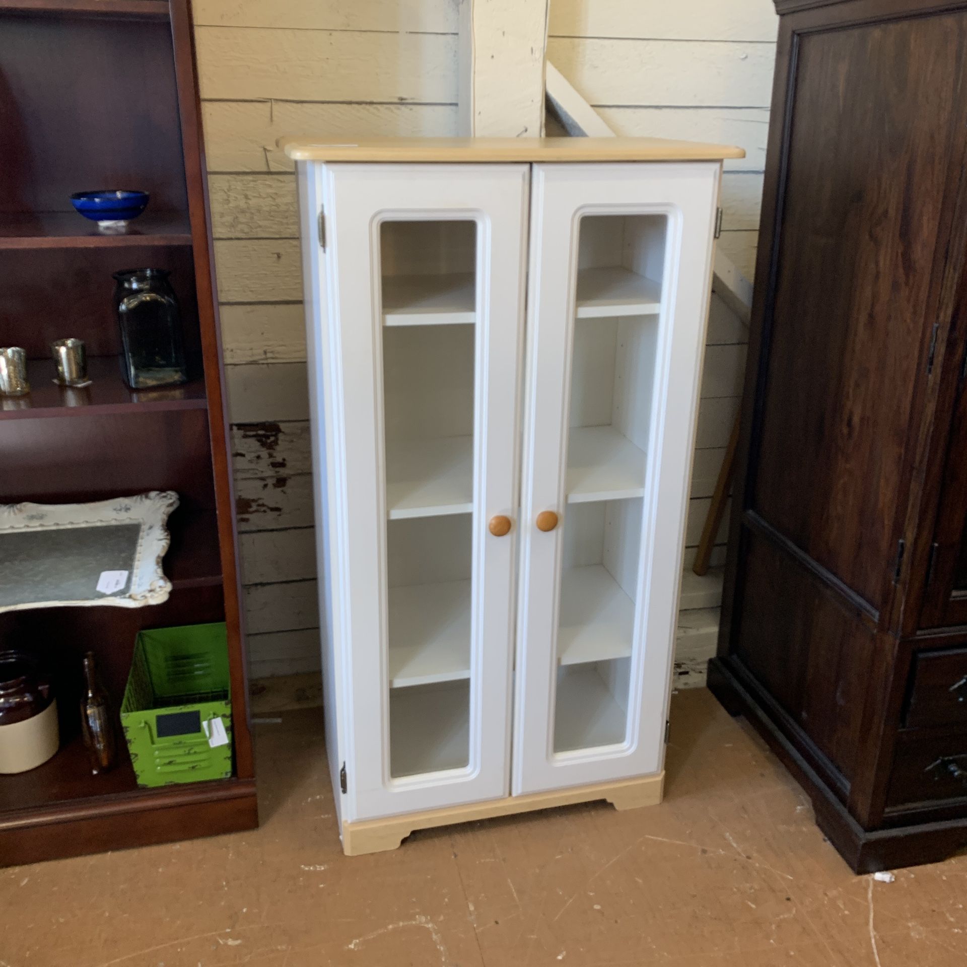 White Glass Door Cabinet w/ Natural Top