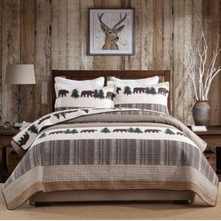 PERHOM Cabin Quilt King Size - 100% Cotton Lodge Cabin King Quilt Bedding Set, Striped Bear Tree Reversible Quilted Bedspread Lightweight Comforter Se