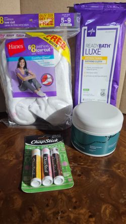 New, Hanes 8 Pairs Cushion Low Cut Socks & Ready Bath Luxe Wipes, chap sticks, Face cleaner, firm.